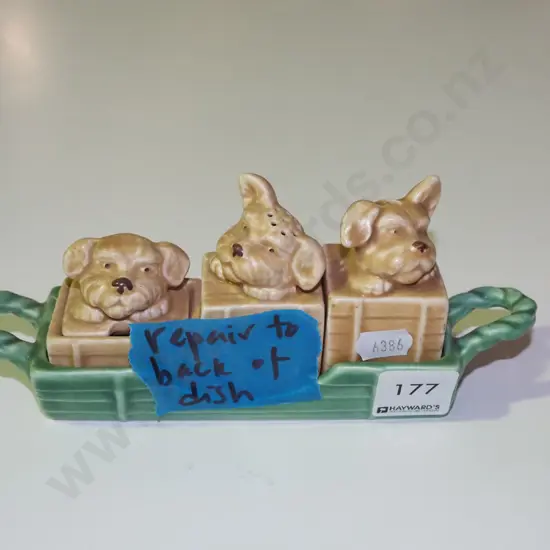 Sylvac dog themed condiment set, repair to back of dish