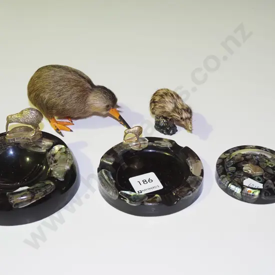 assorted kiwiana souvenir items, paua, ashtray, pens & 2 kiwis