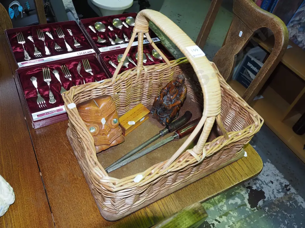 cane basket, wooden souvenir items & 2 knife steels Image 1++