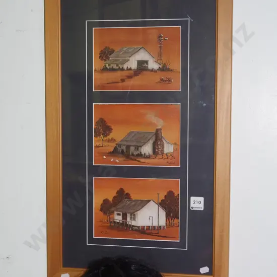 framed oil - tryptic Australian farm buildings