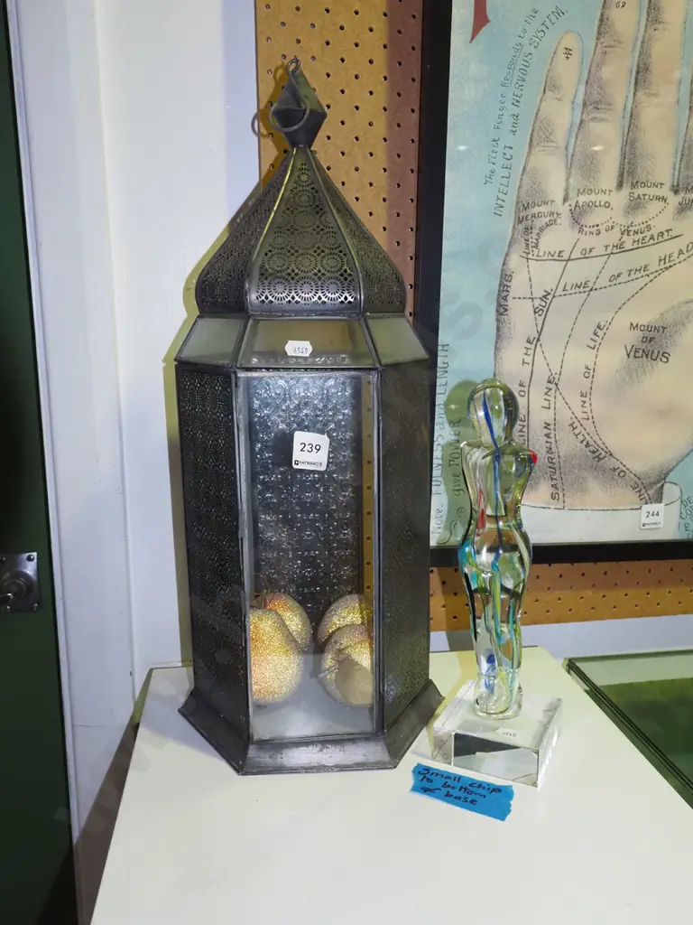 glass & metal hanging candle lantern & faux fruit, door doesn't latch H510, glass figurine, small chip to base H290 Image 1++