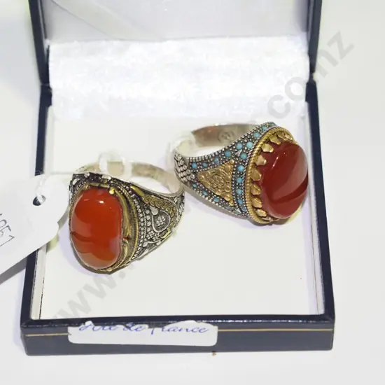 2x Yemen's mens stirling silver rings with carnelian agate stone
