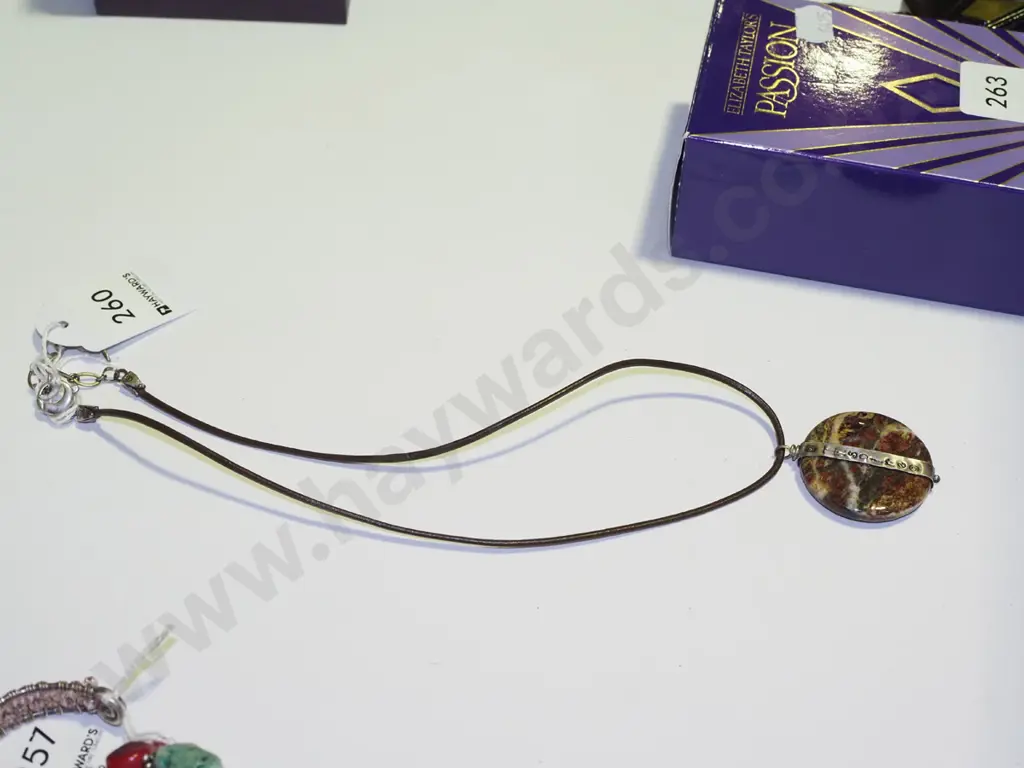 brown stone stirling silver mount pendant leather strap Image 1++