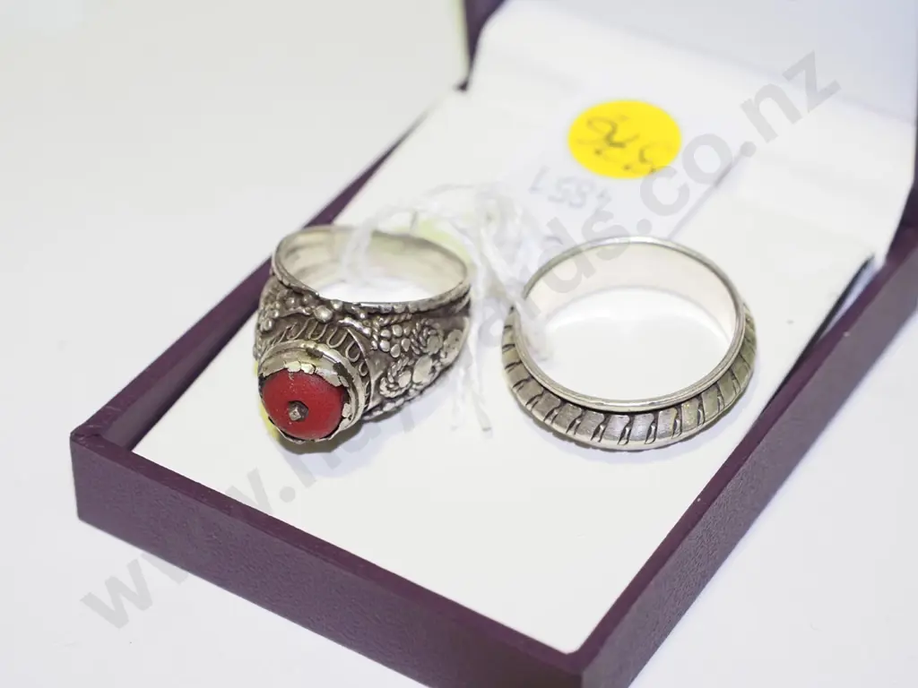 1x Yemen men's stirling silver ring with red oral, 1x large, heavy stirling silver ring Image 1++