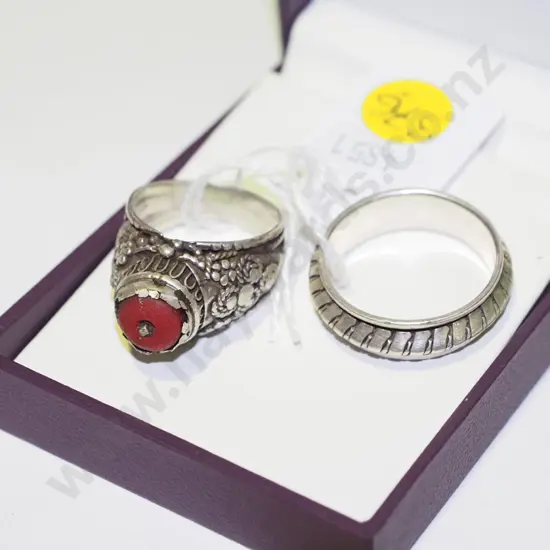 1x Yemen men's stirling silver ring with red oral, 1x large, heavy stirling silver ring