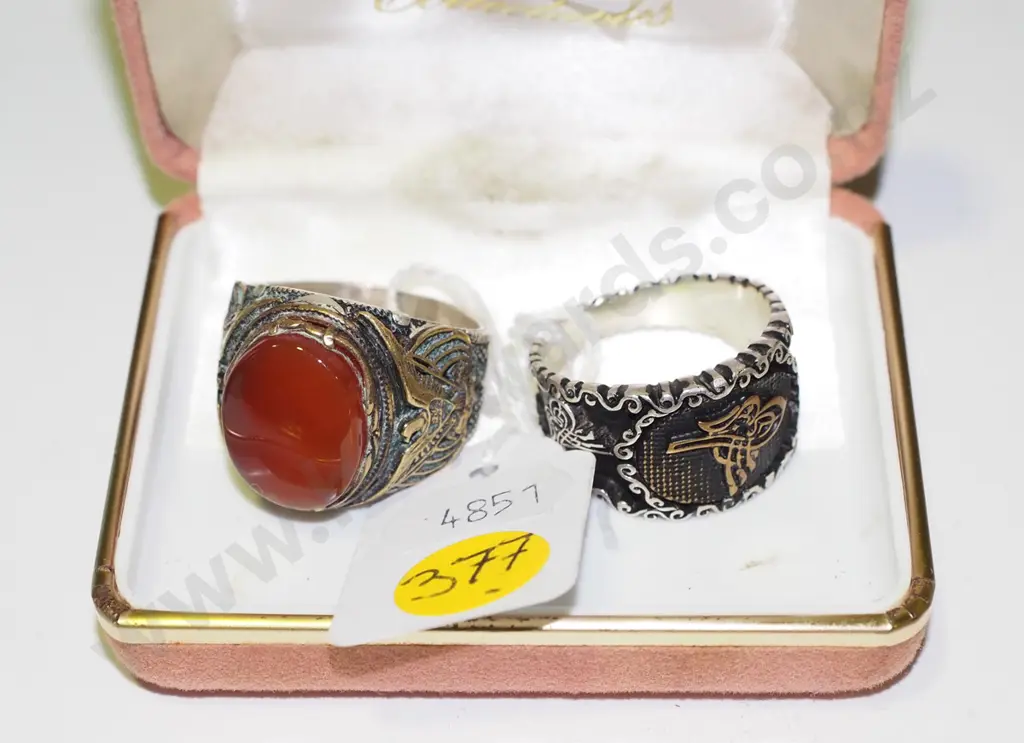 1x Yemen men's stirling silver ring with carnelian agate, 1x Afghanistan silver ring with engraved Arabic script Image 1++