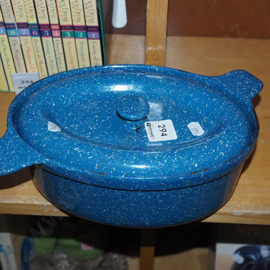 small blue speckled enamel cast iron casserole