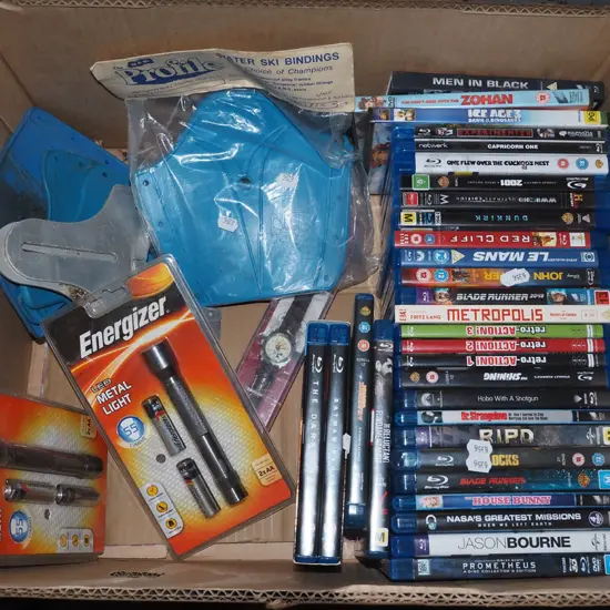 box; blu ray DVDs, waterski bindings, torches