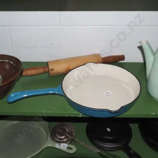 cast iron and enamel frying pan, pottery bowl etc