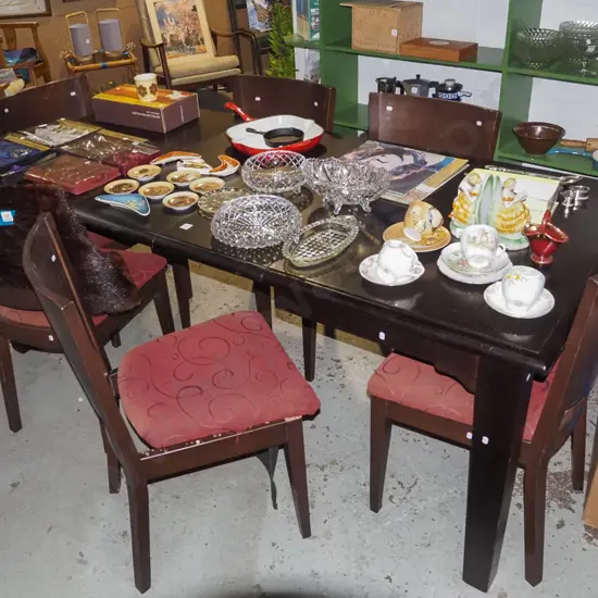dark stained solid pine extending dining table with 6 matching fabric upholstered chairs
