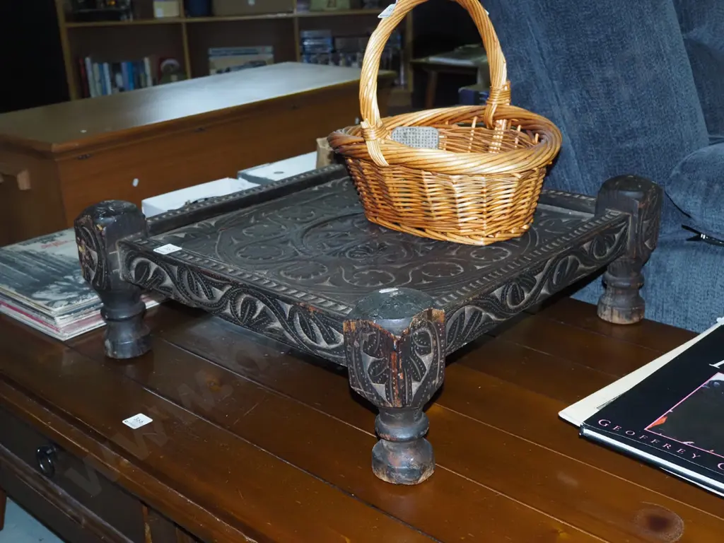 carved wooden low table - Nuristan, Afghanistan H200 W530 D540 - crack to middle Image 1++