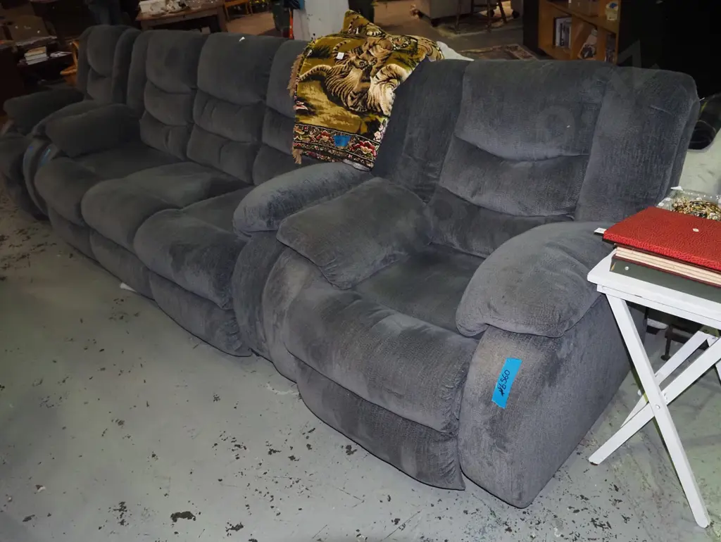 grey upholstered 3 piece lounge suite with recliner 3 seater settee and 2x reclining singles Image 1++