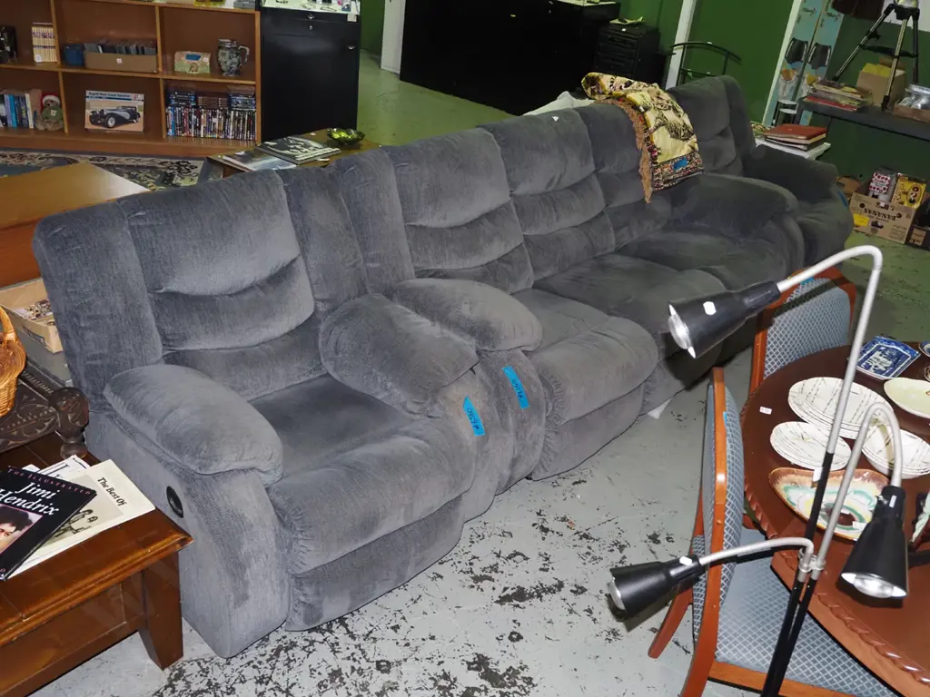 grey upholstered 3 piece lounge suite with recliner 3 seater settee and 2x reclining singles Image 1++