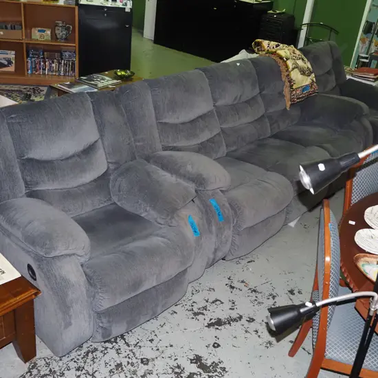 grey upholstered 3 piece lounge suite with recliner 3 seater settee and 2x reclining singles