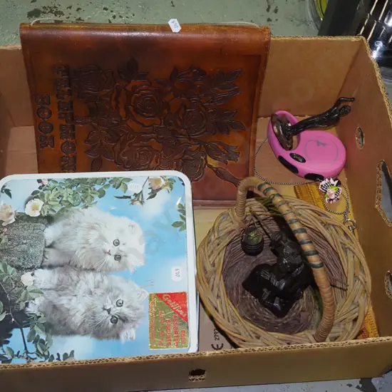 box; cane basket, dog lead, biscuit tin etc