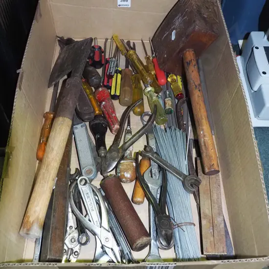box; hand tools, wooden mallet, pliers etc