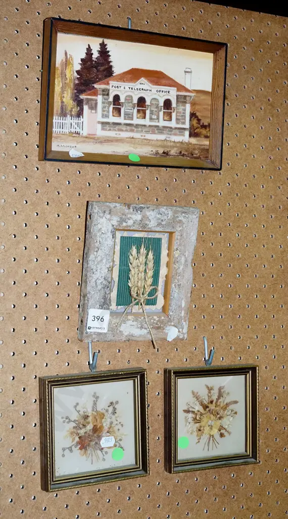 framed oil on board - Ophir Post Office, 3x small framed dry flowers - green dots Image 1++