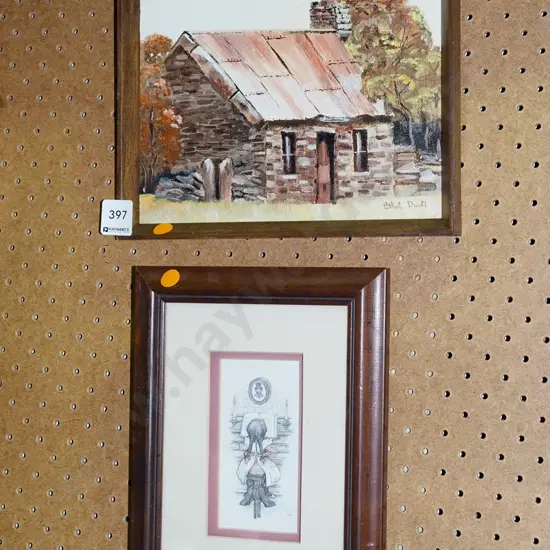 framed oil - cottage, framed cut out picture - orange dots