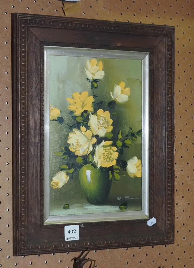 small oak framed oil on board - pink roses Image 1++