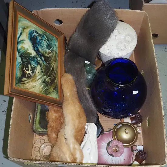 box; oil on board, fur stoles, jar etc