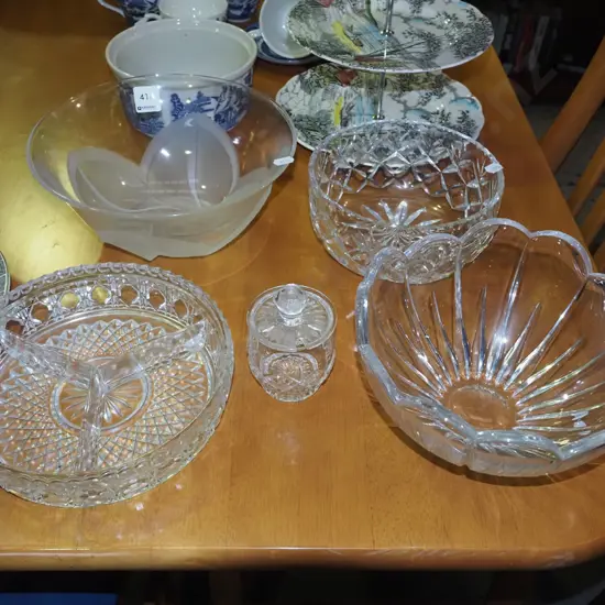 glass and crystal bowls, segmented dish, honey pot