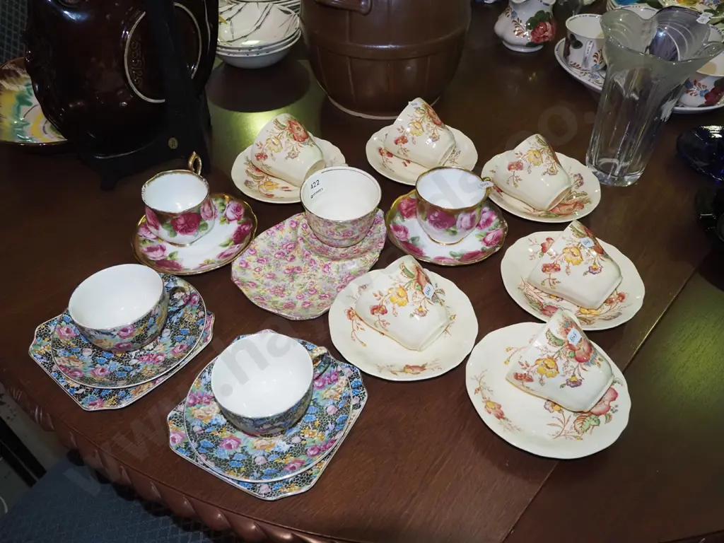 various cups, saucers, Royal Winton floral tennis set Image 1++