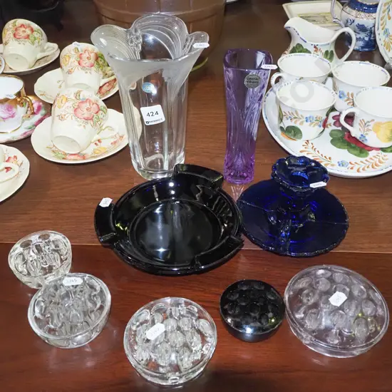 assorted glass and crystal items; ashtray, vases etc