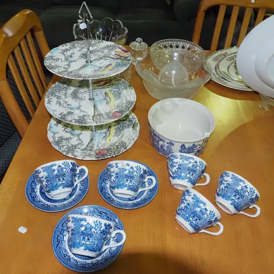 3 tier cake plate, willow pattern cups, casserole