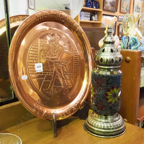 pressed copper Johnnie Walker tray, Turkish themed table lamp