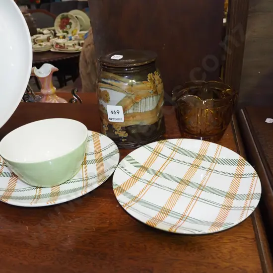 Crown Lynn plates, dish, lidded canister, amber glass jug