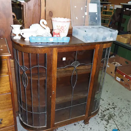 dark stained curved ended leadlight china cabinet H1080 W1020 D360