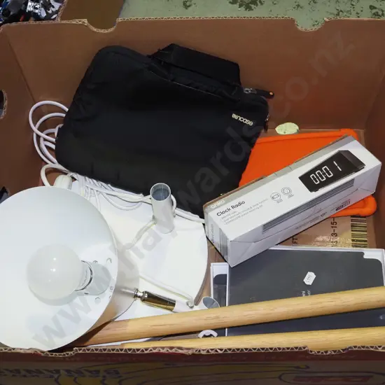 box; yet to be assembled standard lamp, tablet covers, clock radio etc