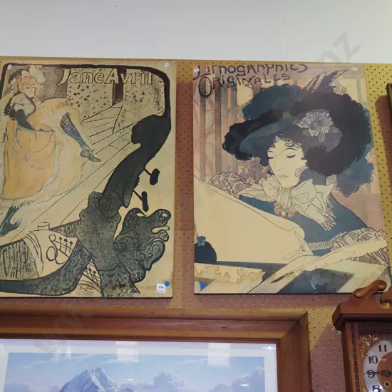 2x French themed poster prints on board - some water damage - blue dots