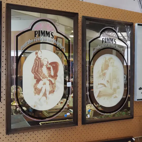 2x mirror framed Pimms advertising prints- fading - blue dots