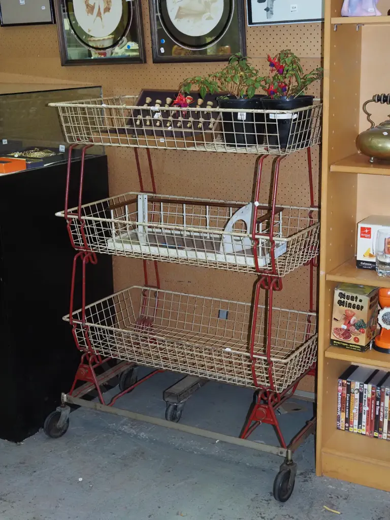 retro bent metal 3 basket grocer's stand on casters H1220 W880 D460 Image 1++