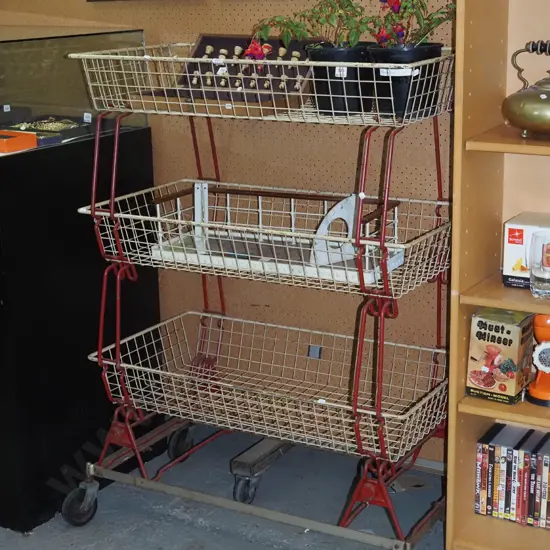 retro bent metal 3 basket grocer's stand on casters H1220 W880 D460