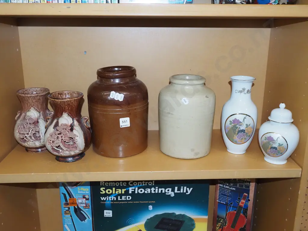 salt glazed crocks, lidded canister, various vases Image 1++