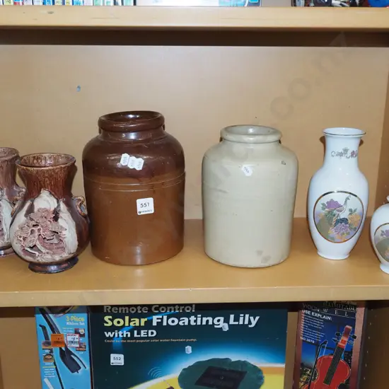 salt glazed crocks, lidded canister, various vases