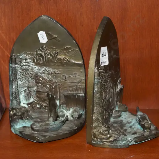 cast brass Asian scene bookends