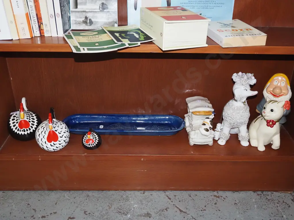 shelf; happy hens, figurines, fish themed dish etc Image 1++