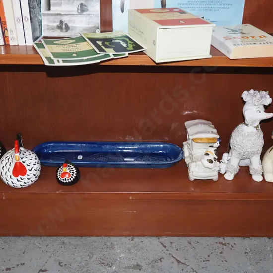shelf; happy hens, figurines, fish themed dish etc
