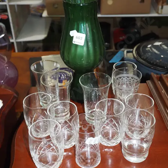 tall green glass vase, cut glass  tumblers, tumblers