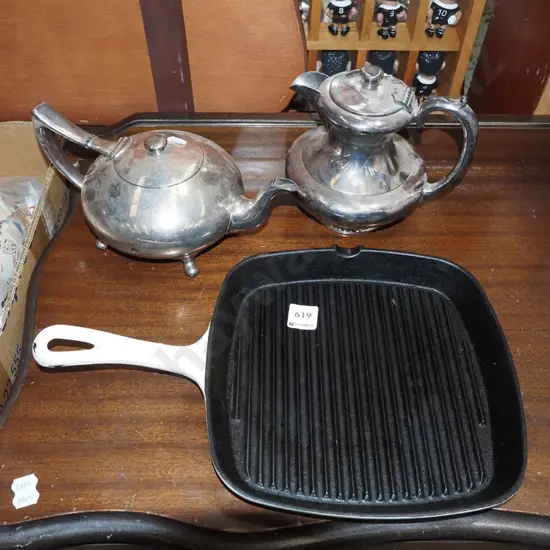 plated ware teapots, cast iron and enamel skillet