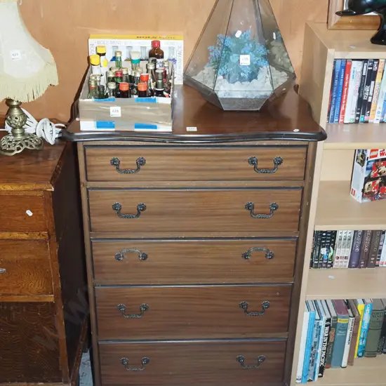 mdf faux wood veneer dark stained 5 drawer tall boy H1040 W670 D420