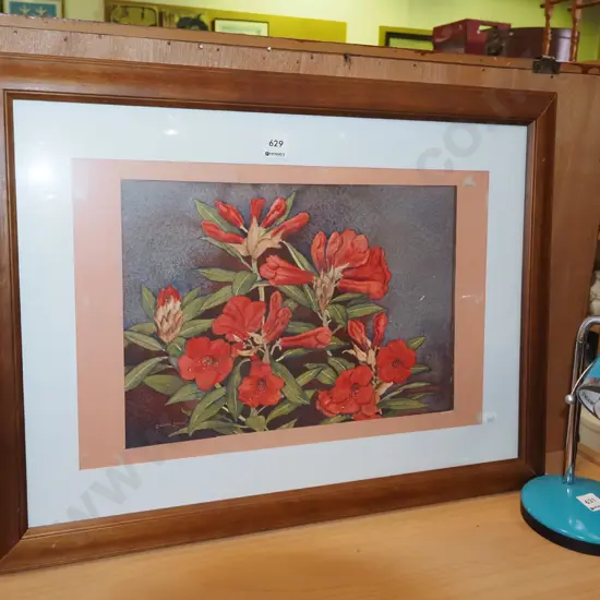 poorly framed Brenda Shore watercolour - rhododendrons