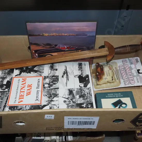 box; wooden sword, car print on board etc