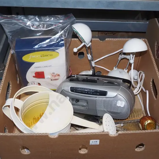 box; fabric care kits, 2x halogen desk lamps, dressing table set, small radio cassette player