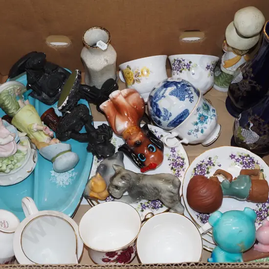 box; animal figurines, cups, saucers etc