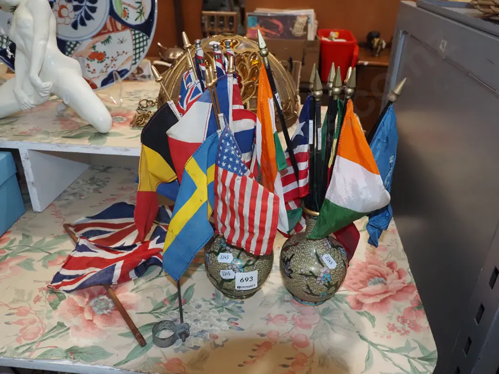 2x cloisonne vases, small flags Image 1++