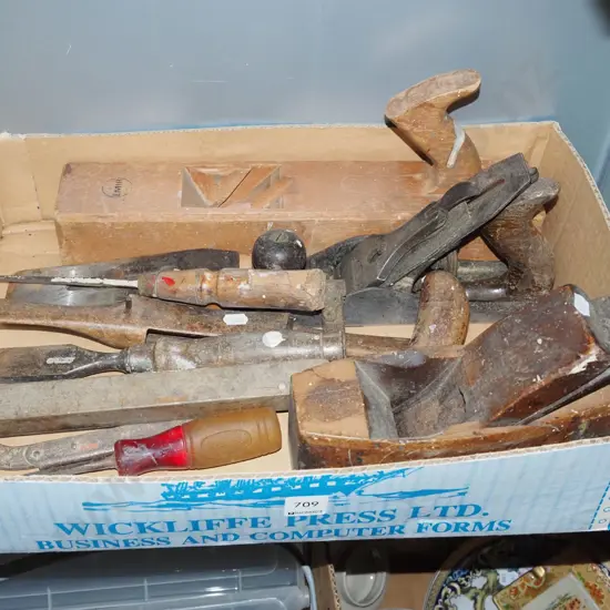 box of vintage tools; hand planes, chisels etc